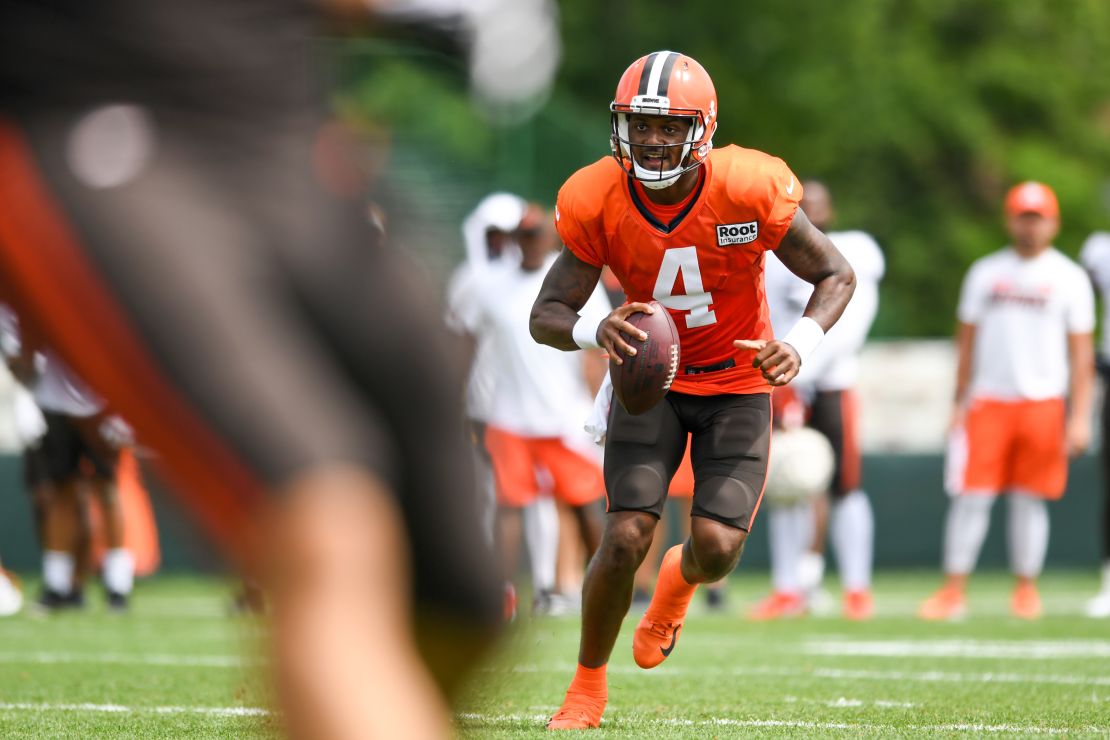 Watson looks to pass during a training camp session.