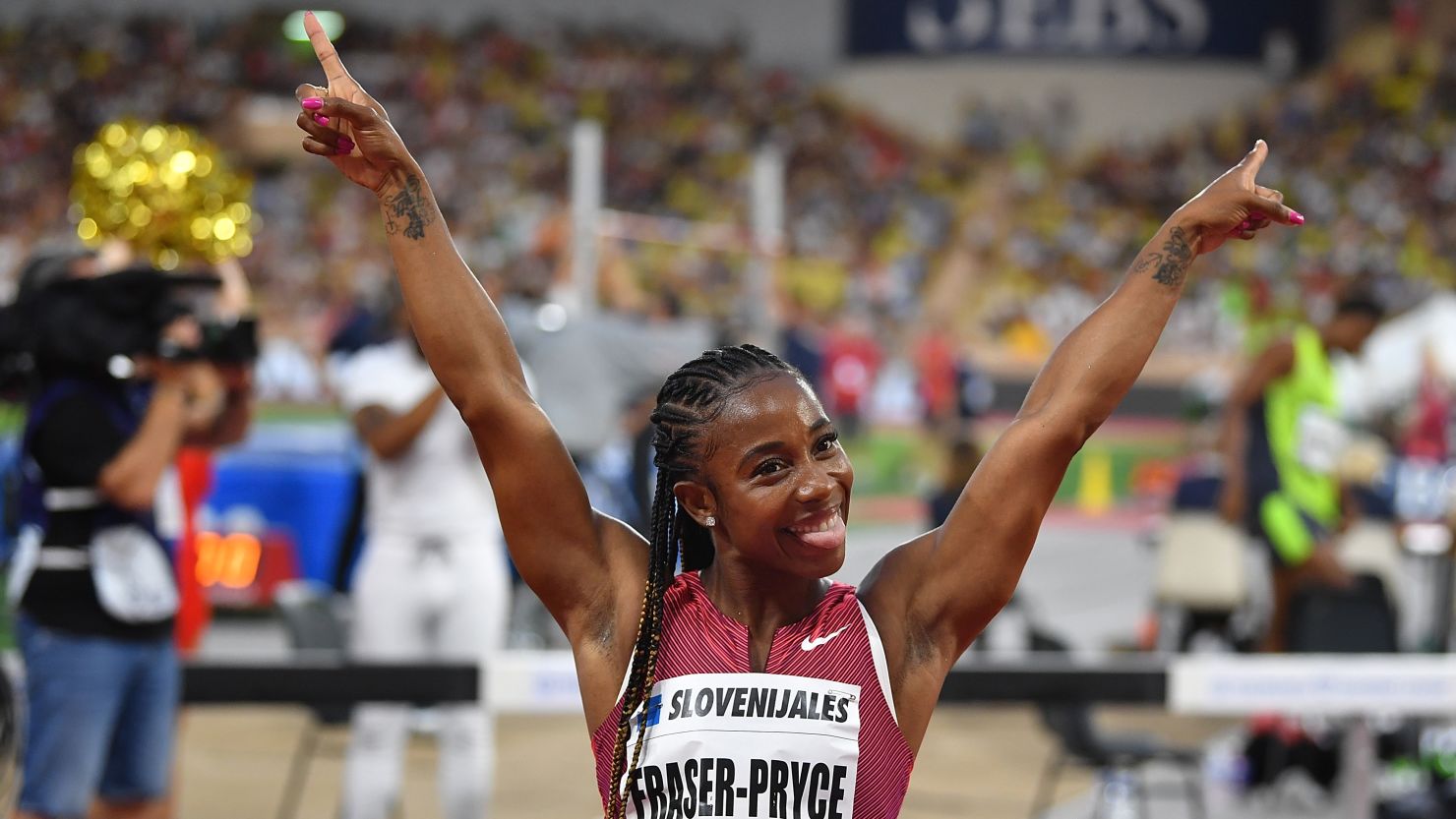 Jamaica's Shelly-Ann Fraser-Pryce celebrates victory at the Monaco Diamond League. 