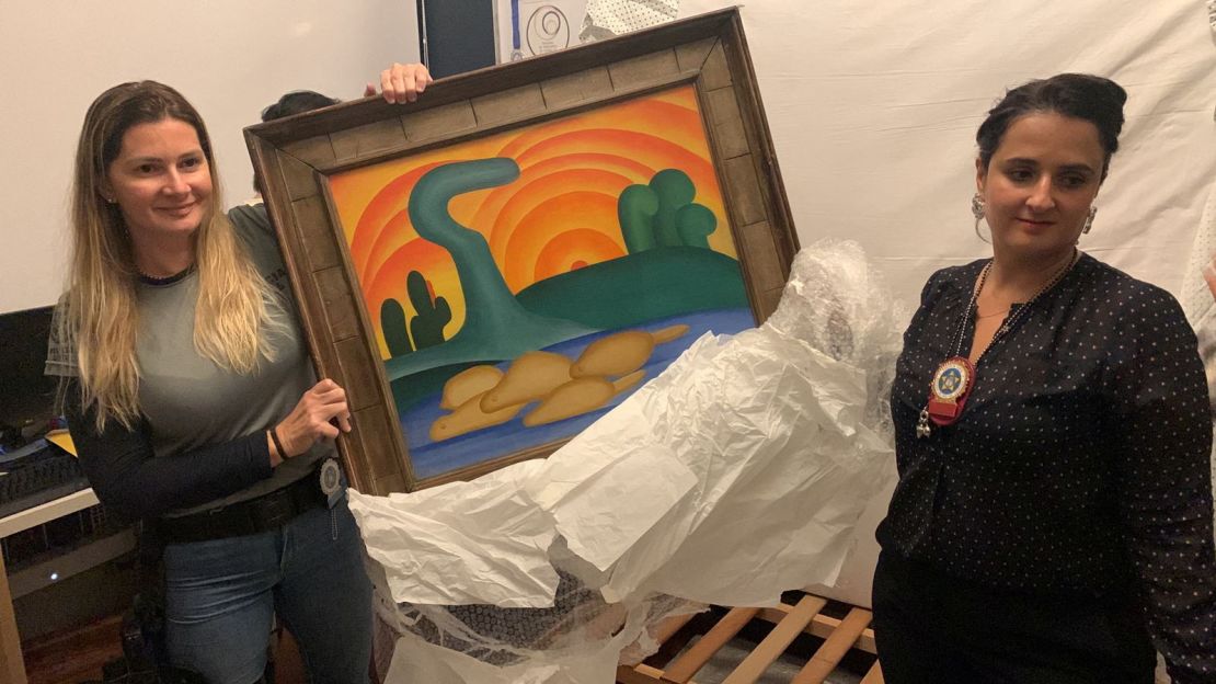 Tarsila do Amaral's painting "Sol Poente" after it was seized during a police operation in Rio de Janeiro, Brazil, on Wednesday.