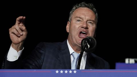 Wisconsin Republican gubernatorial candidate Tim Michels speaks as he appears with former President Donald Trump at a rally in Waukesha, Wis., on Aug. 5, 2022.