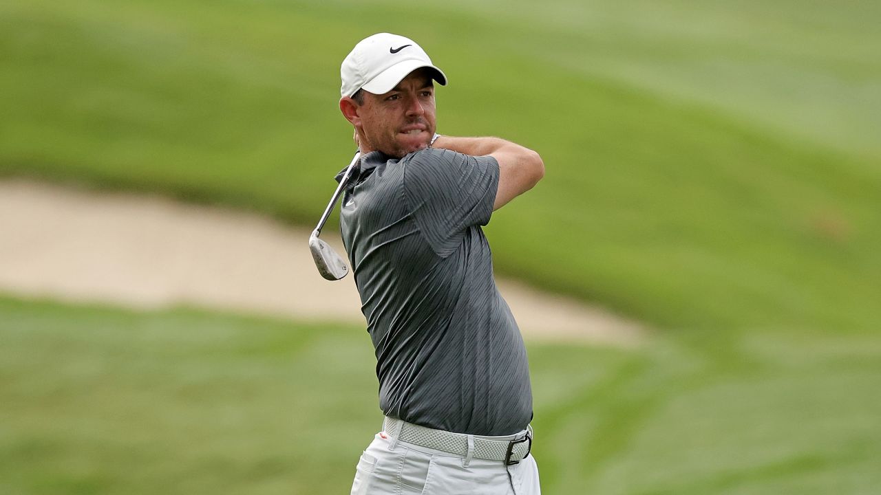 Rory McIlroy plays a shot prior to the FedEx St. Jude Championship at TPC Southwind in Memphis, Tennessee