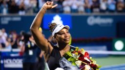 Serena Williams reacts during a post-match ceremony after losing to Belinda Bencic of Switzerland on Day 5 of the National Bank Open, part of the Hologic WTA Tour, at Sobeys Stadium on August 10, 2022 in Toronto, Ontario. 