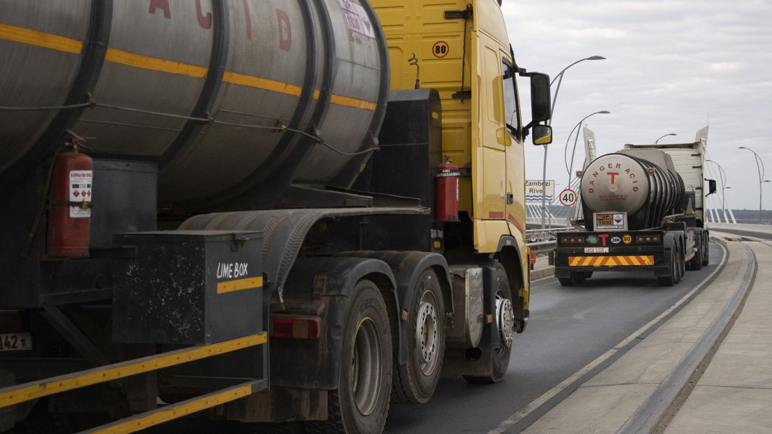 Trucks cross the Kazungula Bridge. Traffic across the Zambezi River has increased significantly since it opened in 2021.