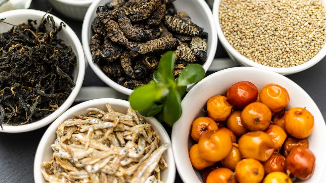 A selection of ingredients sourced from across the African continent and used in Tapi Tapi's ice creams. Fish and insects sit alongside nuts and other more well-known ice cream ingredients.
