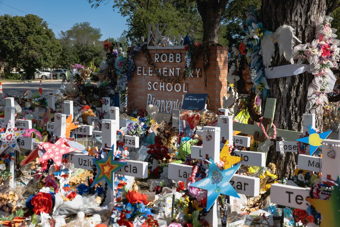 A memorial, seen on June 24, honors victims of the Uvalde massacre.