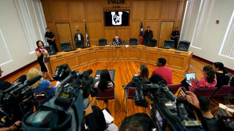 Uvalde schools Superintendent Hal Harrell, center, speaks June 9 during a news conference on the Robb Elementary mass shooting.