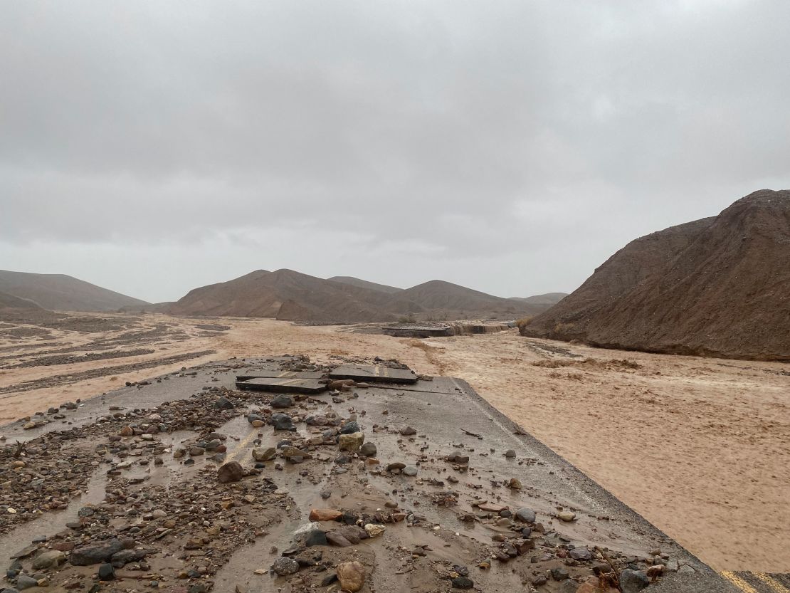 In this photo provided by the National Park Service, Mud Canyon Road is closed due to flash flooding in Death Valley, California.