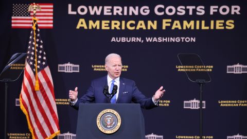 AUBURN, WA - APRIL 22: U.S. President Joe Biden speaks about the high cost of prescription drugs and child care at Green River College on April 22, 2022 in Auburn, Washington. Biden is on a multi-day trip to the Pacific Northwest, with stops in Portland and Seattle. (Photo by Karen Ducey/Getty Images)