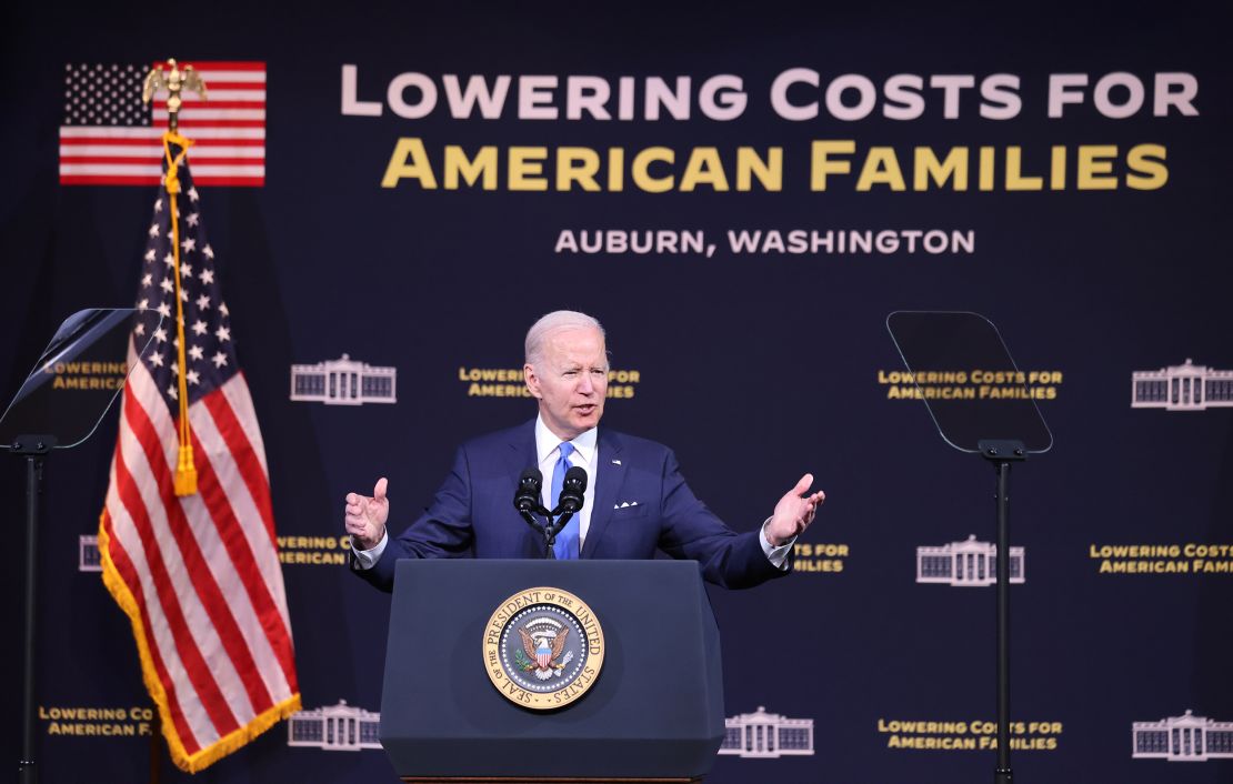 US President Joe Biden speaks about the high cost of prescription drugs and child care at Green River College in Auburn, Washington, in April 2022.