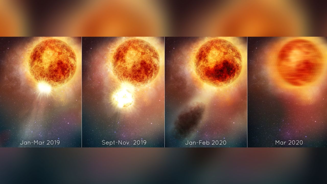 This illustration depicts the eruption that caused red supergiant star Betelgeuse to dim mysteriously.