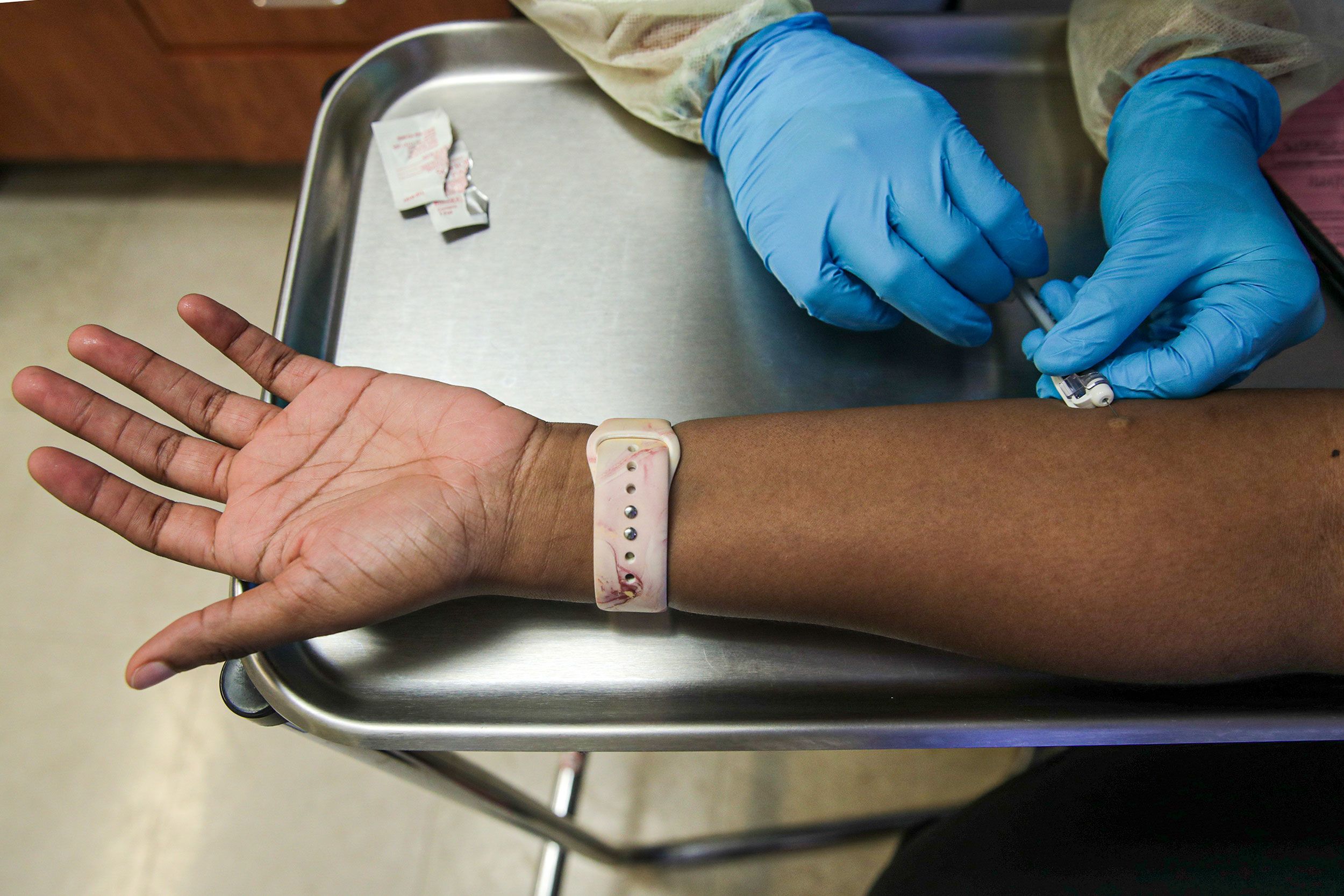 Someone receives a monkeypox vaccine in Los Angeles.