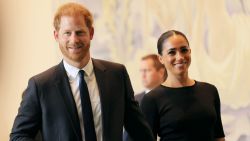 NEW YORK, NEW YORK - JULY 18:  Prince Harry, Duke of Sussex and Meghan, Duchess of Sussex arrive at the United Nations Headquarters on July 18, 2022 in New York City. Prince Harry, Duke of Sussex is the keynote speaker during the United Nations General assembly to mark the observance of Nelson Mandela International Day where the 2020 U.N. Nelson Mandela Prize will be awarded to Mrs. Marianna Vardinogiannis of Greece and Dr. Morissanda Kouyaté of Guinea.  