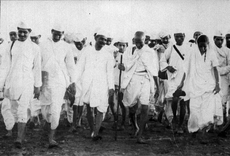 Mohandas Karamchand Gandhi, better known as Mahatma Gandhi, with independence activists during the Dandi March -- a non-violent act of civil disobedience on April 6, 1930. Gandhi would become widely known as the man credited with securing India's independence.