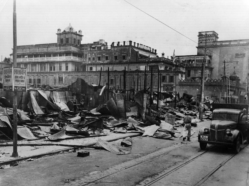 Burned shops line a street in Calcutta -- now known as Kolkata -- after Hindu-Muslim rioting killed more than 4,000 people in August 1946. The Muslim League provincial government had made a call to Muslims for a "Direct Action Day" -- ostensibly a day of strikes to support the creation of Pakistan.