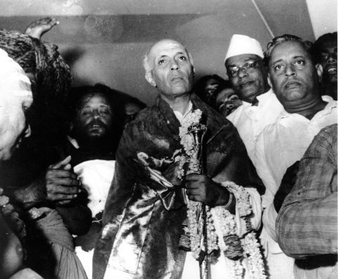 The first Prime Minister of India, Jawaharlal Nehru, holds a mace of gold on the eve of India's independence in New Delhi, India, on August 14, 1947.