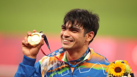 Neeraj Chopra at the medal presentation ceremony after winning the gold medal in the men's javelin competition during Tokyo 2020 Summer Olympic Games on August 7th, 2021.