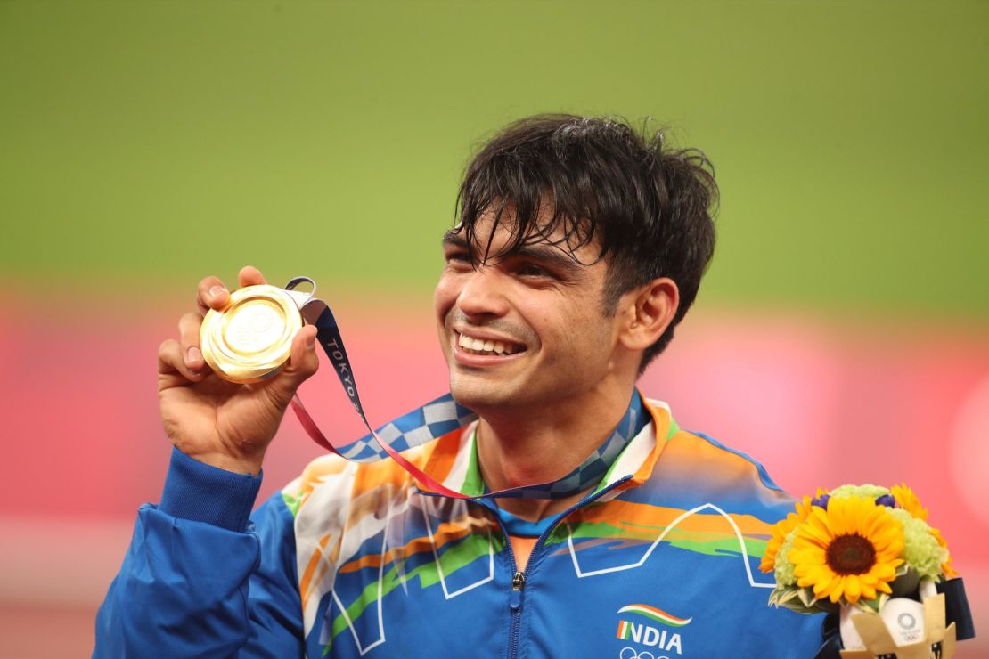 Neeraj Chopra at the medal presentation ceremony after winning the gold medal in the men's javelin competition during Tokyo 2020 Summer Olympic Games on August 7th, 2021.