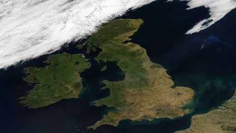 Satellite image shows parched areas of southern and eastern England, where a drought has been declared.
