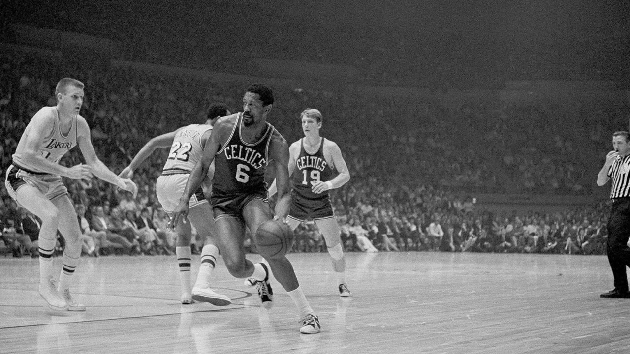 Russell driving to the basket against the Lakers in the teams' final NBA playoff game in 1969, which the Celtics won and retained their title. 