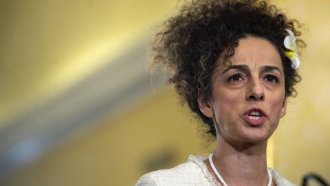 Journalist Masih Alinejad, seen here during a 2021 news conference discussing The Masih Alinejad Harassment and Unlawful Targeting Act which aims to hold Iran responsible for imposing sanctions to silence dissidents.