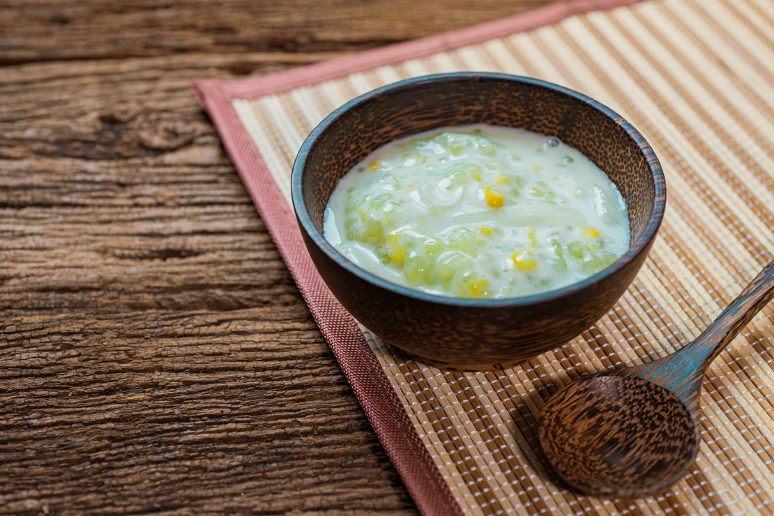 A Thai-style pudding makes a refreshing dessert. Here's sago with corn in coconut milk.