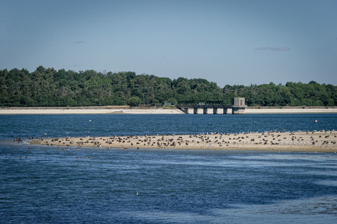 Low water levels expose parts of the shoreline at Hanningfield Reservoir in Essex, England.