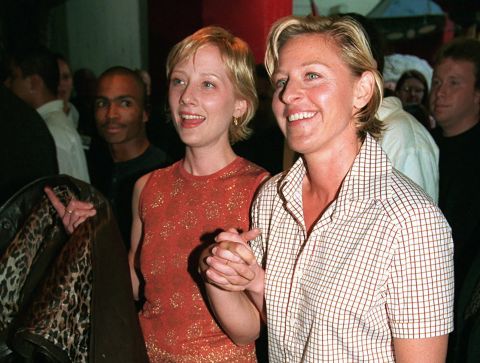 Heche, left, holds hands with comedian Ellen DeGeneres at the film's world premiere 