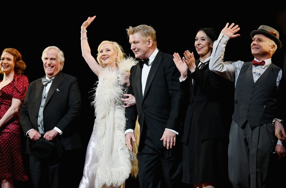 Heche takes a bow with other actors during a curtain call for the "Twentieth Century" benefit concert reading in 2019. Earlier in her career, Heche appeared in the Broadway play and was nominated for a Tony Award.