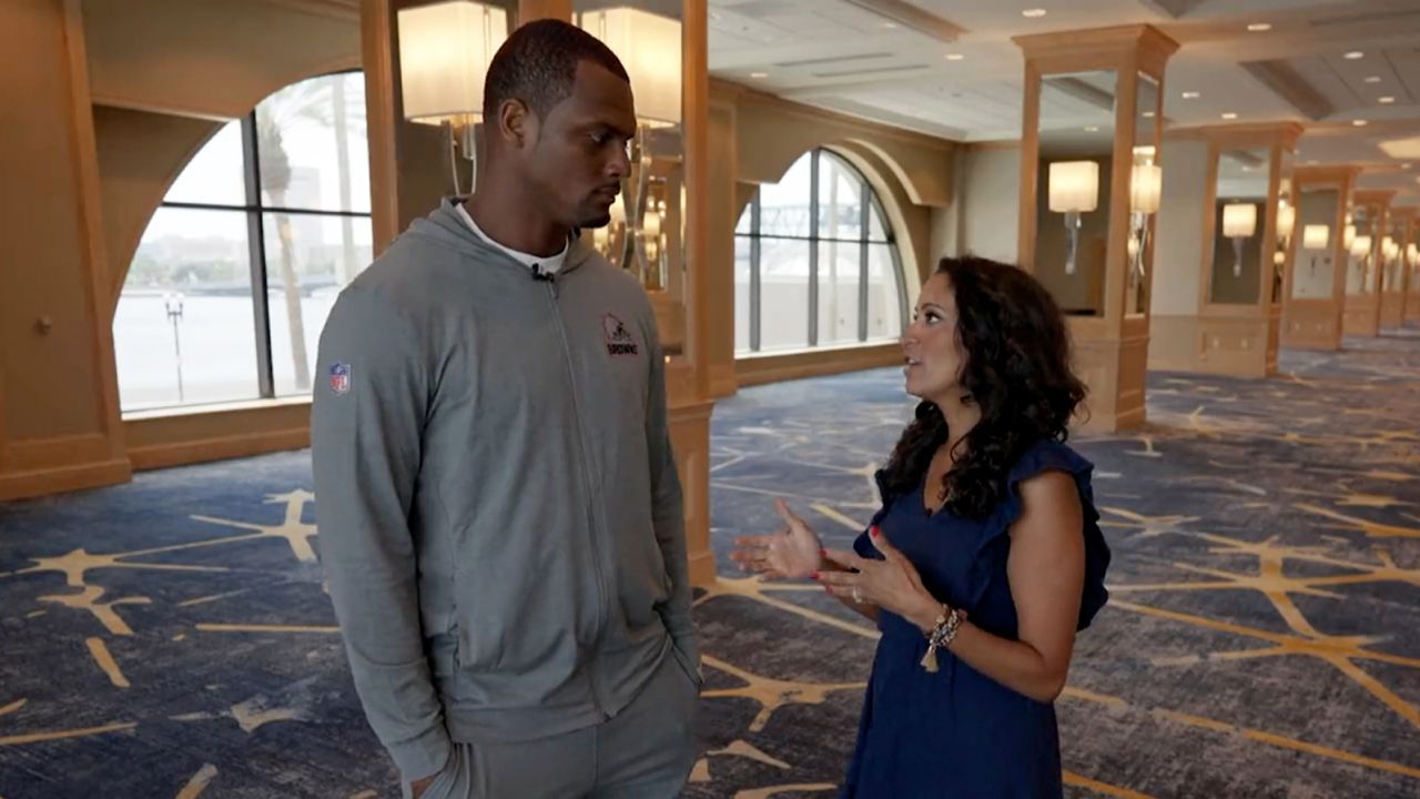 Deshaun Watson spoke to a reporter before playing his first game for the Cleveland Browns, a preseason contest in Jacksonville, Florida.