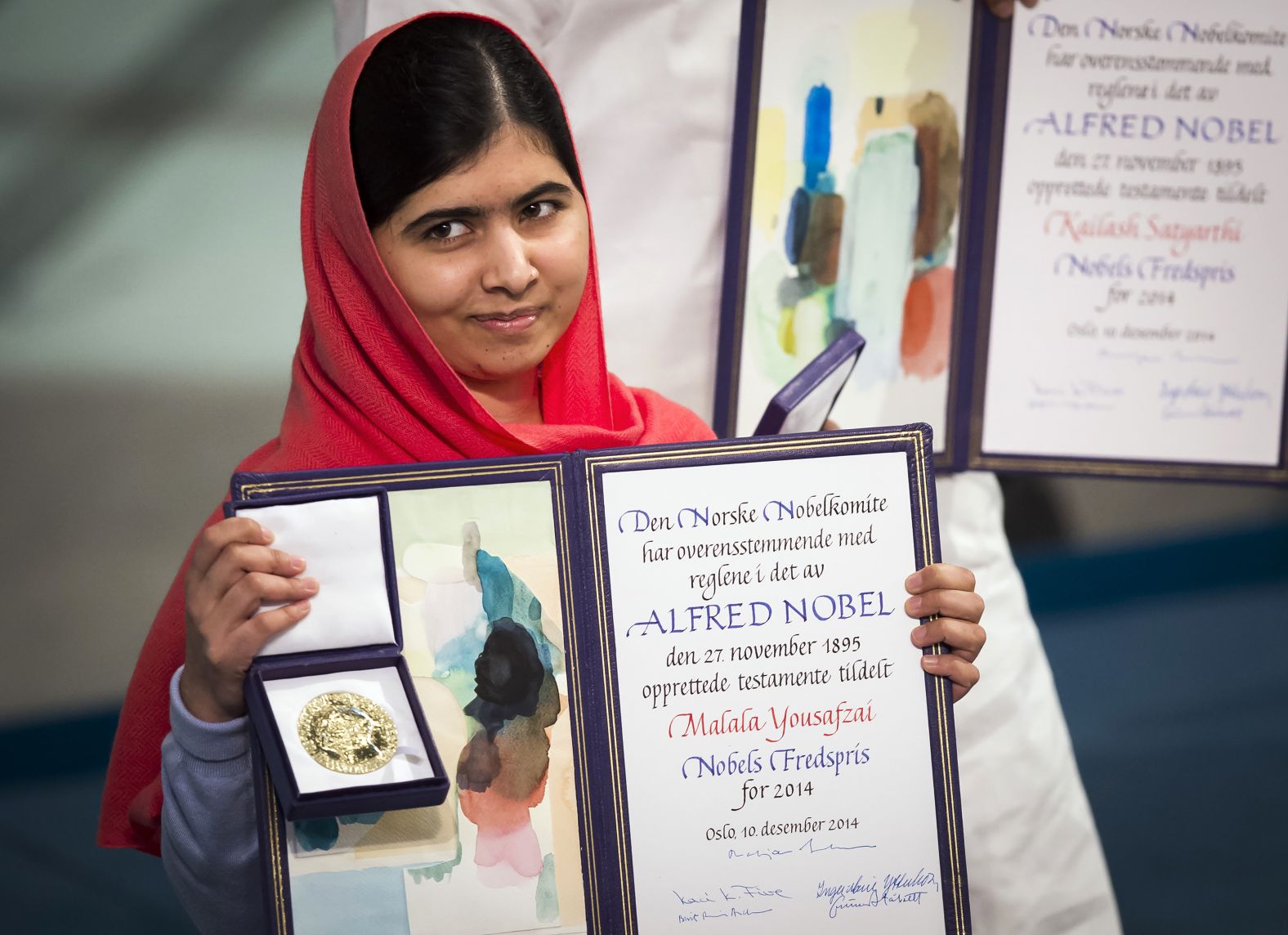 Nobel Peace Prize laureate Malala Yousafzai during the awards ceremony at the City Hall in Oslo, Norway, on December 10, 2014. Two years earlier, she was shot in the head by the Pakistani Taliban for her efforts to promote girls' education in the country. 
