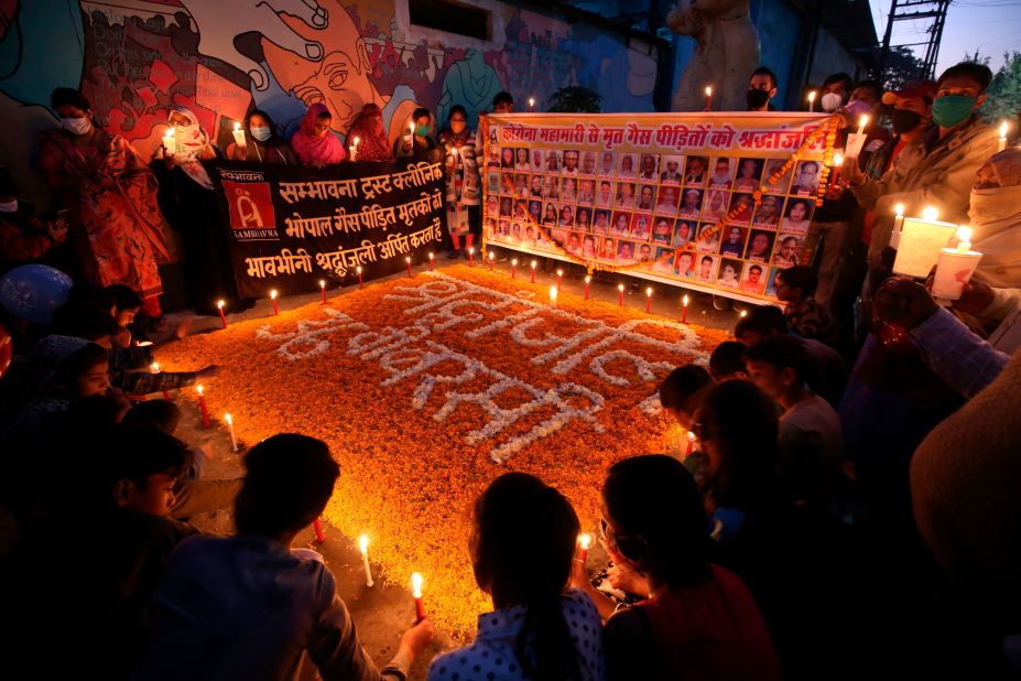 Bhopal gas tragedy survivors and activists from various groups take part in a candlelight vigil to commemorate the 36th anniversary of Bhopal gas disaster on December 2, 2020, calling for justice over the 1984 leak at a US-run chemical plant that killed thousands.
