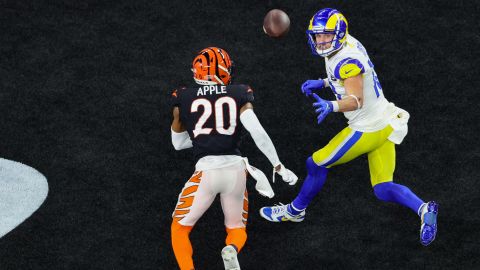 Cooper Kupp scores a touchdown catch against the Cincinnati Bengals' Eli Apple during Super Bowl LVI at SoFi Stadium.