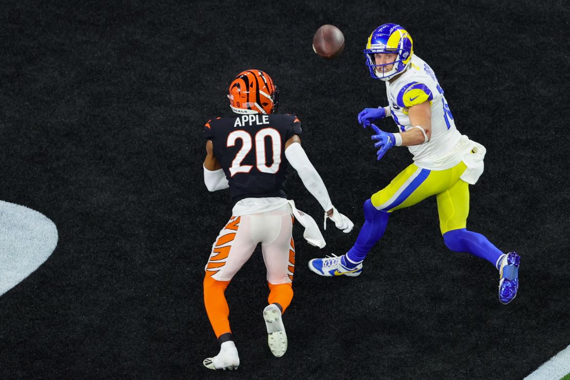 Cooper Kupp makes a touchdown catch over Eli Apple of the Cincinnati Bengals during Super Bowl LVI at SoFi Stadium.