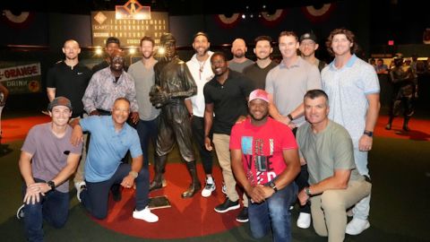 Members of the Los Angeles Dodgers visit the Negro Leagues Baseball Museum in Kansas City.