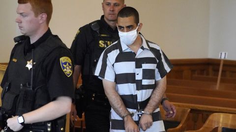 Hadi Matar, 24, arrives for an arraignment in the Chautauqua County Courthouse in Mayville, New York, Saturday, Aug. 13, 2022.   