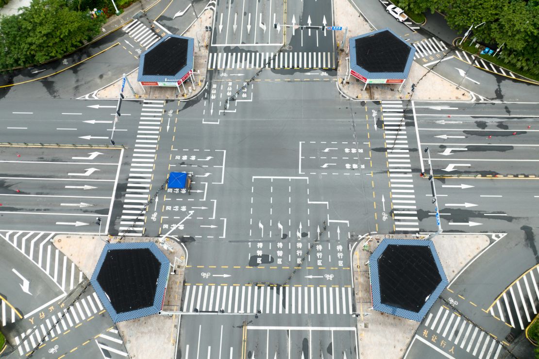 Aerial view of an empty street as Sanya imposes city-wide static control to curb new COVID-19 outbreak on August 12, 2022 in Sanya, Hainan Province of China.