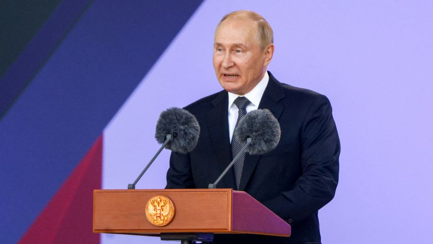 Russian President Vladimir Putin delivers a speech during a ceremony opening the international military-technical forum Army-2022 at Patriot Congress and Exhibition Centre in the Moscow region, Russia August 15, 2022. REUTERS/Maxim Shemetov