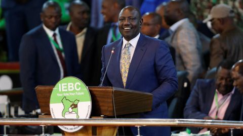 Ruto speaks after being declared the winner of the Kenyan presidential election at the IEBC National Analysis Center in Bomas, Kenya on August 15, 2022 in Nairobi, Kenya. 