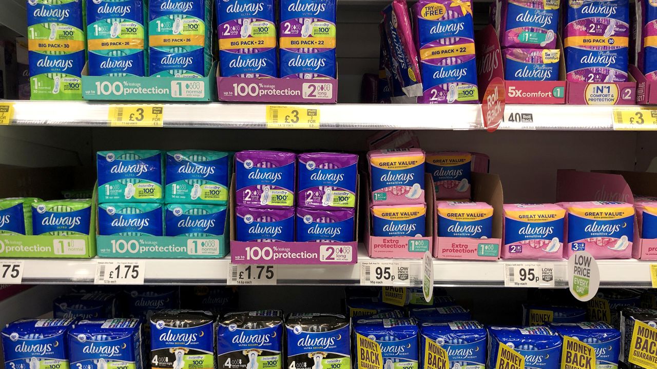 Period products are seen in a supermarket in Dunbar, Scotland on November 25, 2020. 