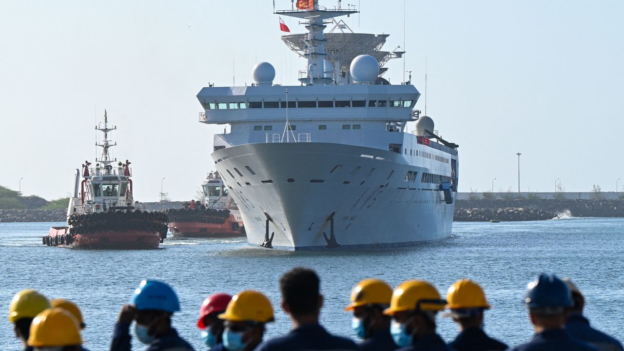 China's research and survey vessel, the Yuan Wang 5, arrives at Hambantota port on August 16, 2022.  