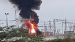 A view shows smoke rising above a transformer electric substation, which caught fire after a blast in the Dzhankoi district, Crimea, in this still image from video obtained by Reuters August 16, 2022. ATTENTION EDITORS - THIS IMAGE HAS BEEN SUPPLIED BY A THIRD PARTY. NO RESALES. NO ARCHIVES. MANDATORY CREDIT.