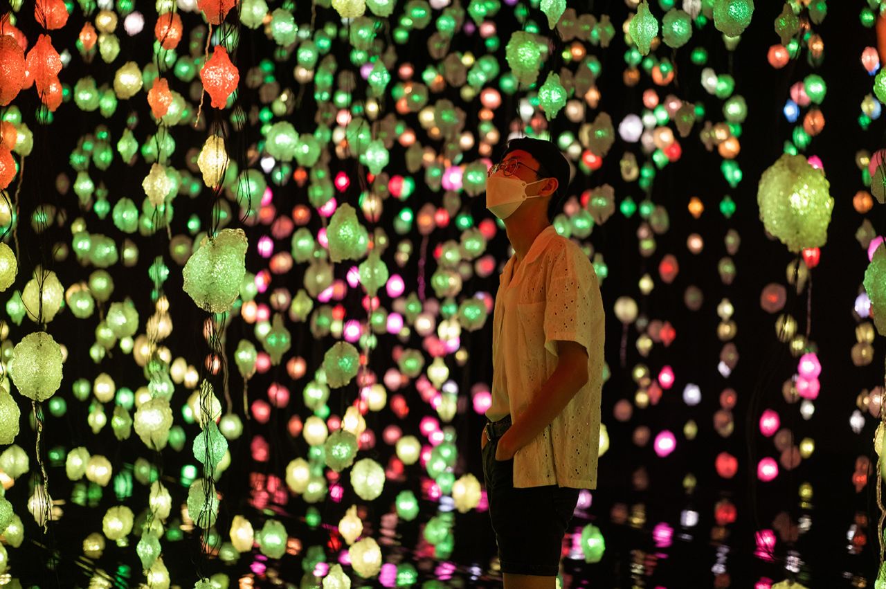 "Pixel Forest" (2016-2022) comprises 3,000 LED lights, hanging on cables that have a vine-like appearance. Rist said she wanted to make the pixels look "organic and chaotic," despite the uniformity and sequence of the larger display.