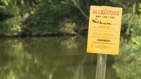A sign warns about the possibility of alligators at a body of water at Sun City Hilton Head, South Carolina.