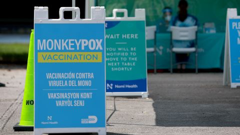 A sign announcing monkeypox vaccination is set up in Tropical Park by Miami-Dade County and Nomi Health, August 15, 2022.