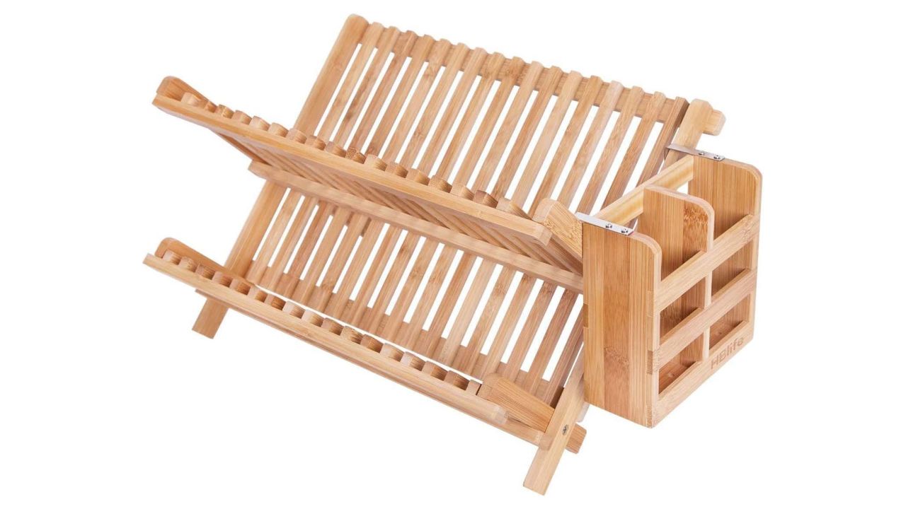 HBlife Bamboo Folding 2-Tier Collapsible Dish Drying Rack