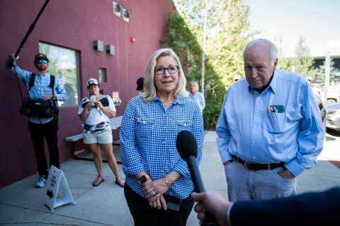 Cheney arrives with her father, former Vice President Dick Cheney, to vote in Jackson, Wyoming, during the Republican primary election on August 16.