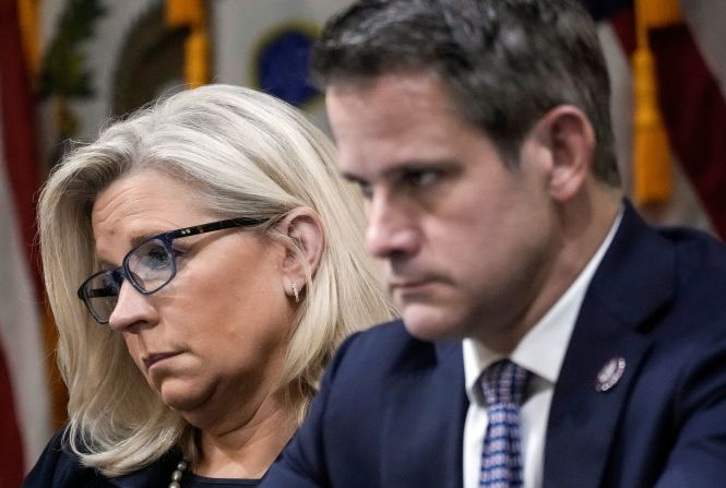 Cheney and Rep. Adam Kinzinger listen during a June 2022 hearing of the House select committee investigating the January 6, 2021, attack on the US Capitol. In February, the Republican National Committee <a href="index.php?page=&url=https%3A%2F%2Fwww.cnn.com%2F2022%2F02%2F04%2Fpolitics%2Fliz-cheney-adam-kinzinger-censure-rnc%2Findex.html" target="_blank">formally censured</a> Cheney and Kinzinger for their roles on the January 6 committee.