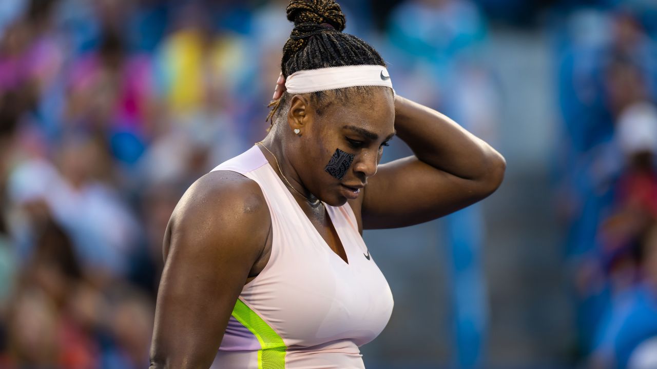 Serena Williams reacts while playing against Emma Raducanu of Great Britain in her first round match on Day 4 of the Western & Southern Open Tuesday in Mason, Ohio.