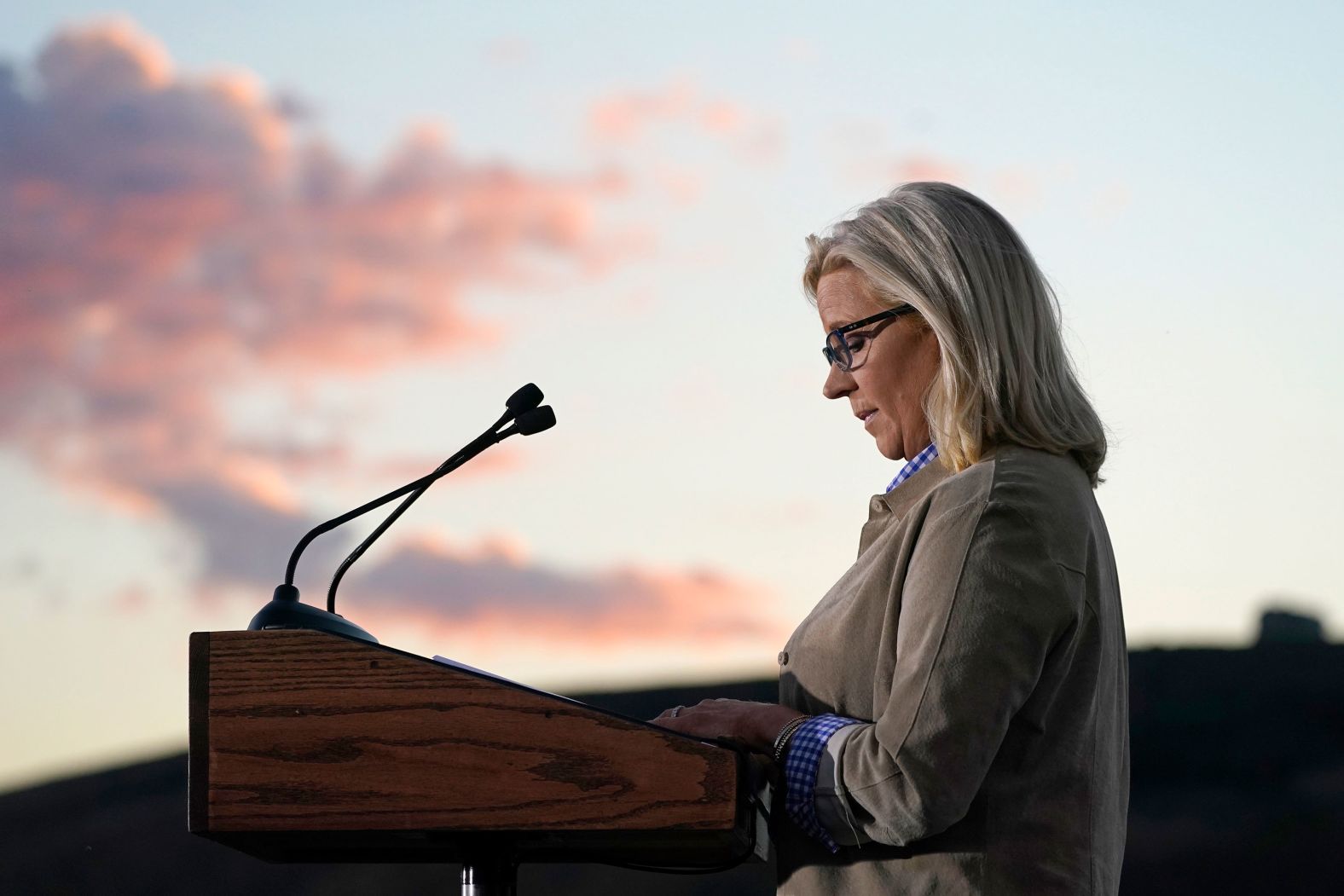 Cheney speaks to a crowd at her primary Election Day gathering in Jackson, Wyoming, after losing to Trump-supported Harriet Hageman.