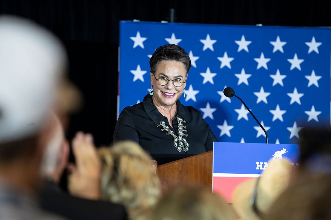 Trump-backed Harriet Hageman speaks to supporters on election night in  Cheyenne, Wyoming. 